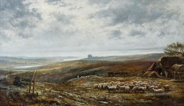 Weite Landschaft mit Schafsherde unter bewolktem Himmel Enrico Coleman Schäfer Ölgemälde